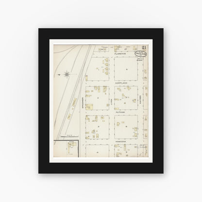 Old map wall art mockup — black gallery frame with white mat — Sanborn Fire Insurance Map from Eau Claire, Eau Claire County, Wisconsin (1885), Sheet #0021