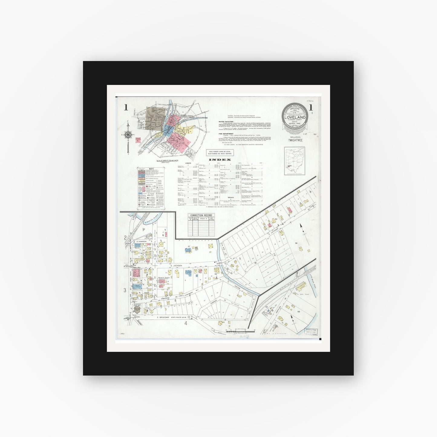 Old map wall art mockup — black gallery frame with white mat — Sanborn Fire Insurance Map from Loveland, Clermont, Hamilton, And Warren County, Ohio (1946), Sheet #0001