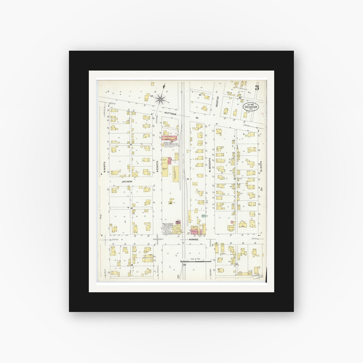Old map wall art mockup — black gallery frame with white mat — Sanborn Fire Insurance Map from Decatur, Adams County, Indiana (1907), Sheet #0003