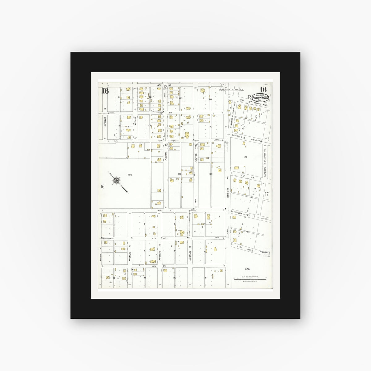 Old map wall art mockup — black gallery frame with white mat — Sanborn Fire Insurance Map from Brownwood, Brown County, Texas (1923), Sheet #0016
