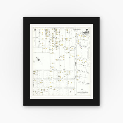 Old map wall art mockup — black gallery frame with white mat — Sanborn Fire Insurance Map from Brownwood, Brown County, Texas (1923), Sheet #0016