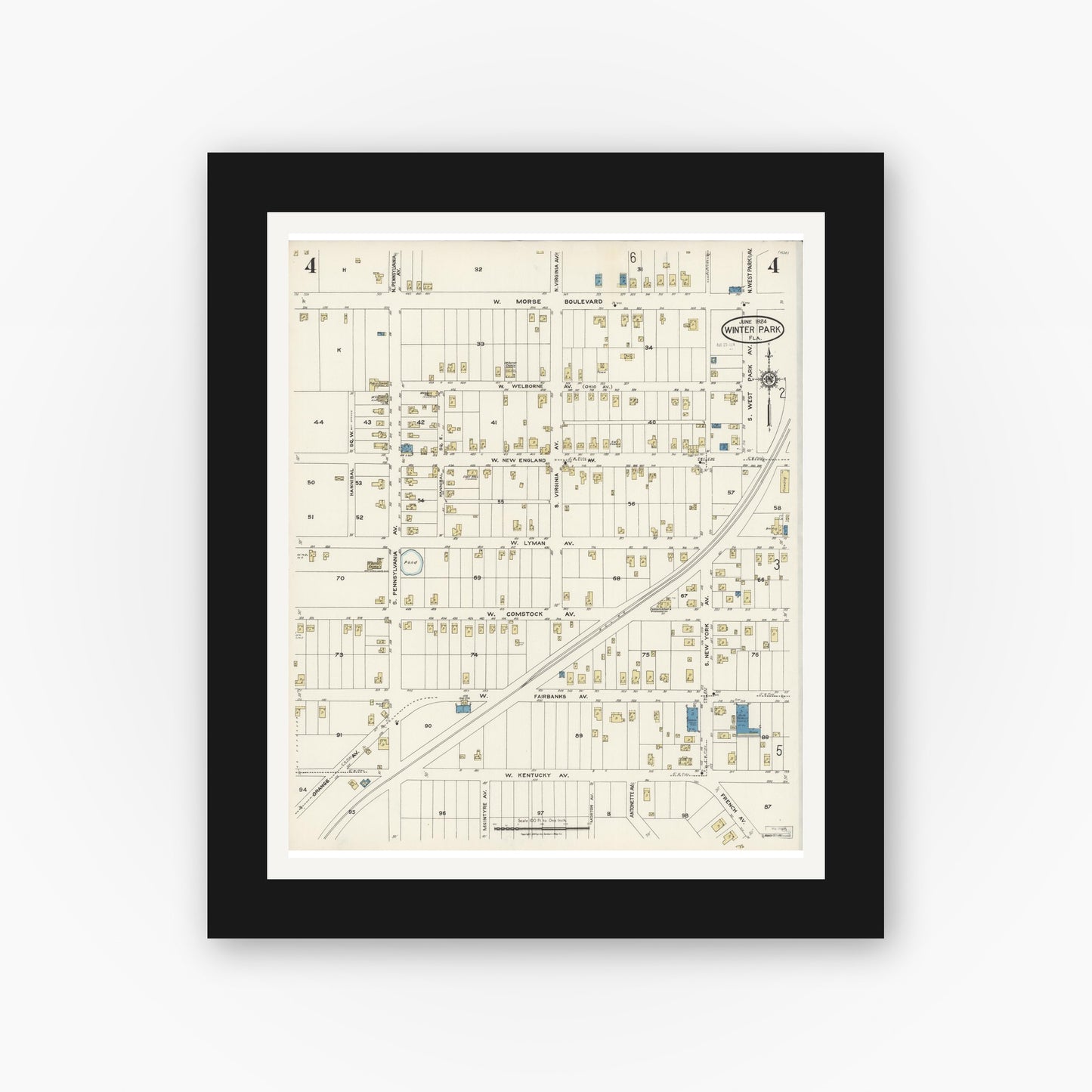 Old map wall art mockup — black gallery frame with white mat — Sanborn Fire Insurance Map from Winter Park, Orange County, Florida (1924), Sheet #0004