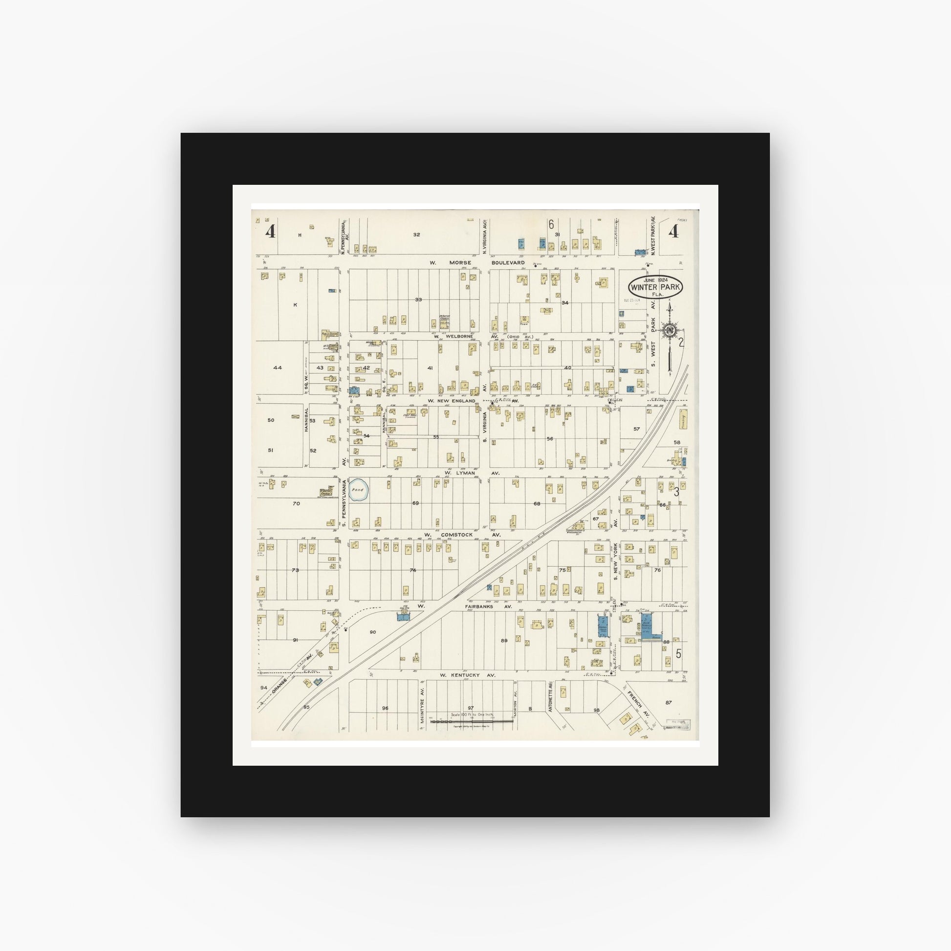 Old map wall art mockup — black gallery frame with white mat — Sanborn Fire Insurance Map from Winter Park, Orange County, Florida (1924), Sheet #0004