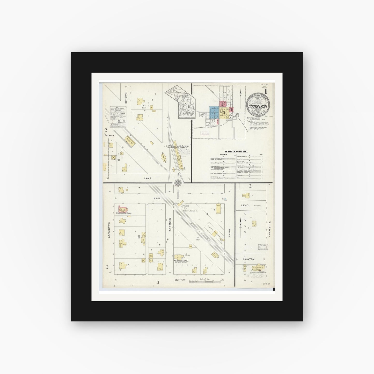 Old map wall art mockup — black gallery frame with white mat — Sanborn Fire Insurance Map from South Lyon, Oakland County, Michigan (1913), Sheet #0001
