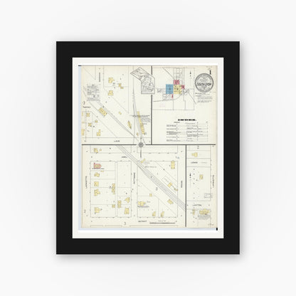 Old map wall art mockup — black gallery frame with white mat — Sanborn Fire Insurance Map from South Lyon, Oakland County, Michigan (1913), Sheet #0001