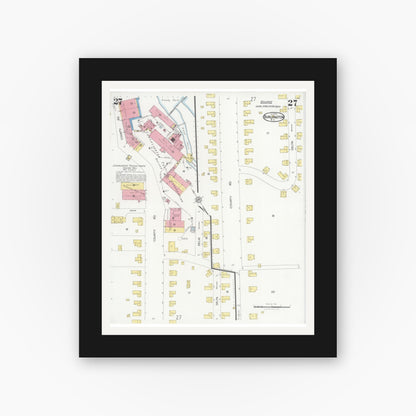 Old map wall art mockup — black gallery frame with white mat — Sanborn Fire Insurance Map from Burlington, Alamance County, North Carolina (1929), Sheet #0027
