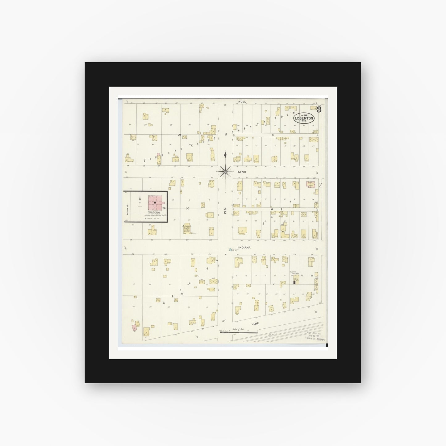 Old map wall art mockup — black gallery frame with white mat — Sanborn Fire Insurance Map from Edgerton, Williams County, Ohio (1908), Sheet #0003