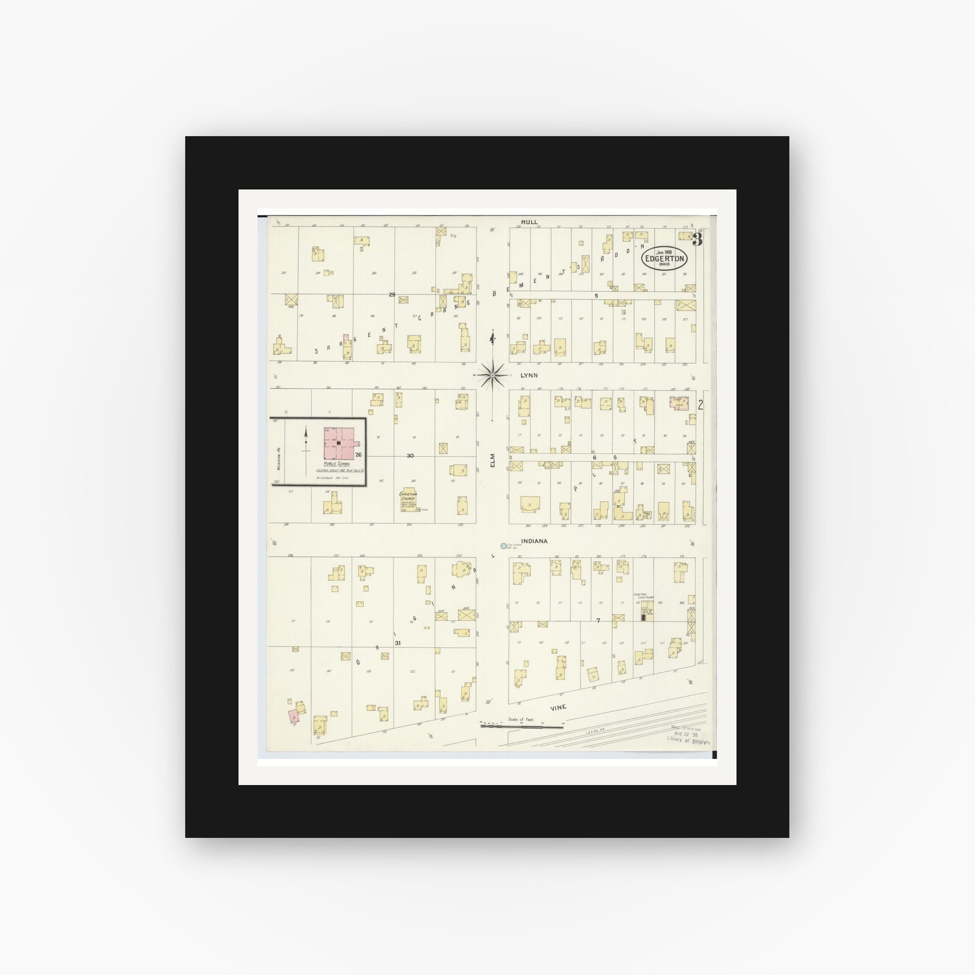 Old map wall art mockup — black gallery frame with white mat — Sanborn Fire Insurance Map from Edgerton, Williams County, Ohio (1908), Sheet #0003