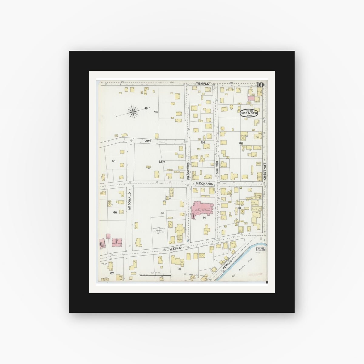 Old map wall art mockup — black gallery frame with white mat — Sanborn Fire Insurance Map from Spencer, Worcester County, Massachusetts (1892), Sheet #0010