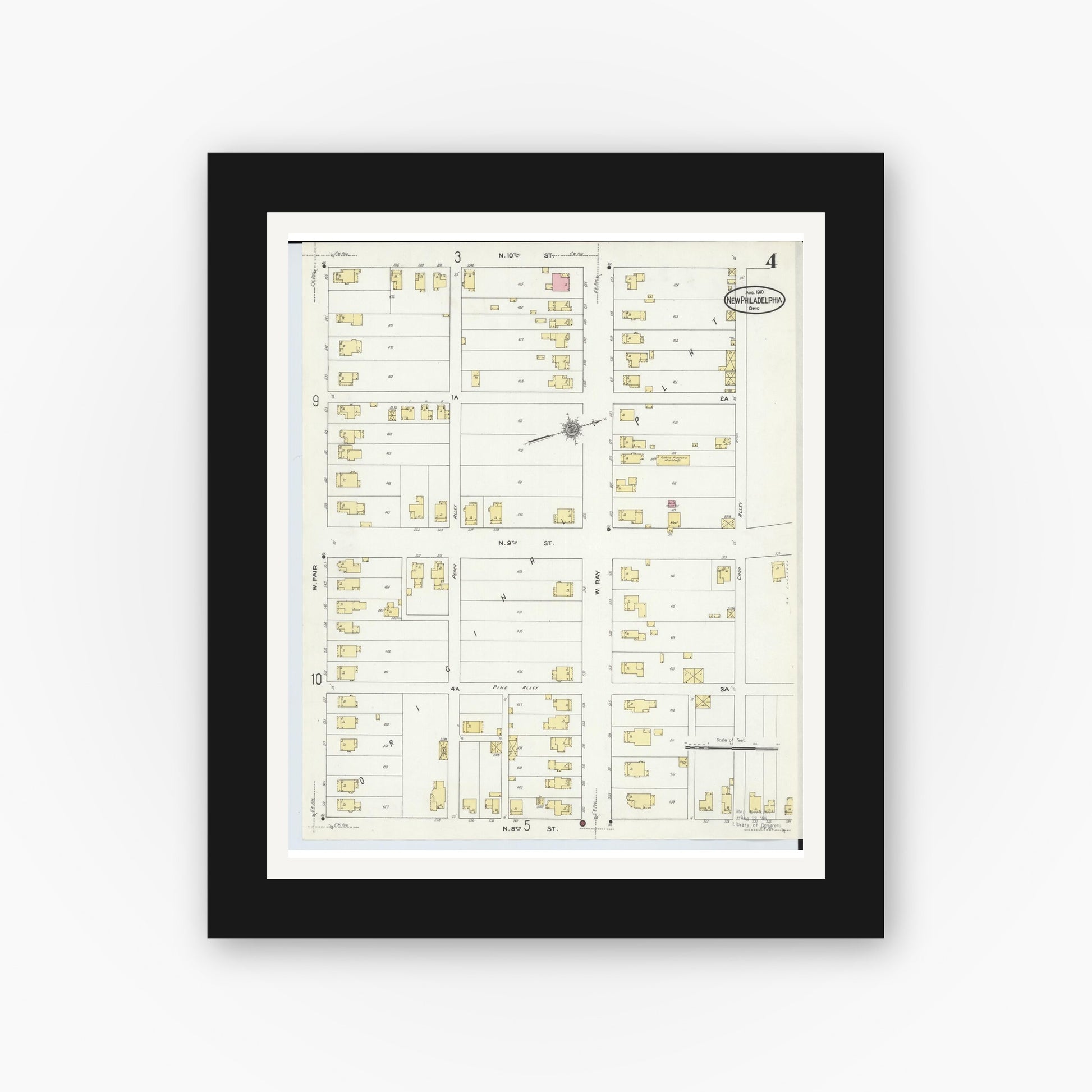 Old map wall art mockup — black gallery frame with white mat — Sanborn Fire Insurance Map from New Philadelphia, Tuscarawas County, Ohio (1910), Sheet #0004