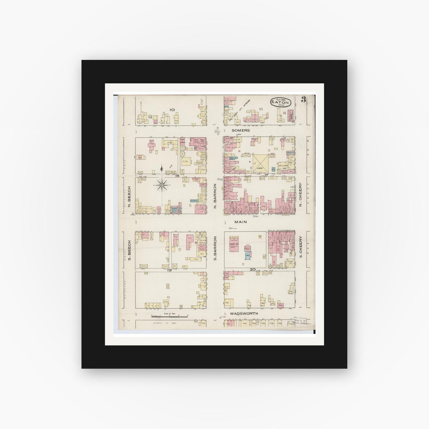 Old map wall art mockup — black gallery frame with white mat — Sanborn Fire Insurance Map from Eaton, Preble County, Ohio (1885), Sheet #0003