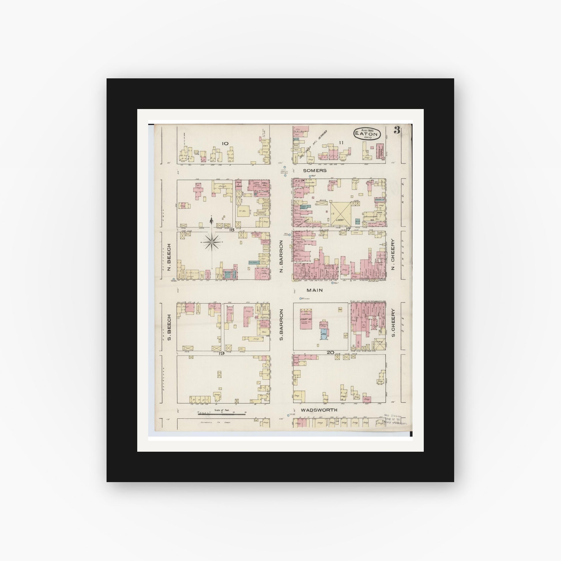 Old map wall art mockup — black gallery frame with white mat — Sanborn Fire Insurance Map from Eaton, Preble County, Ohio (1885), Sheet #0003