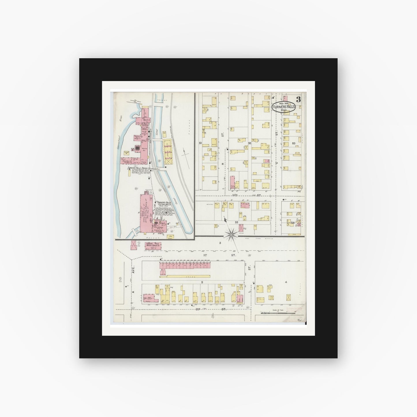 Old map wall art mockup — black gallery frame with white mat — Sanborn Fire Insurance Map from Turners Falls, Franklin County, Massachusetts (1895), Sheet #0003
