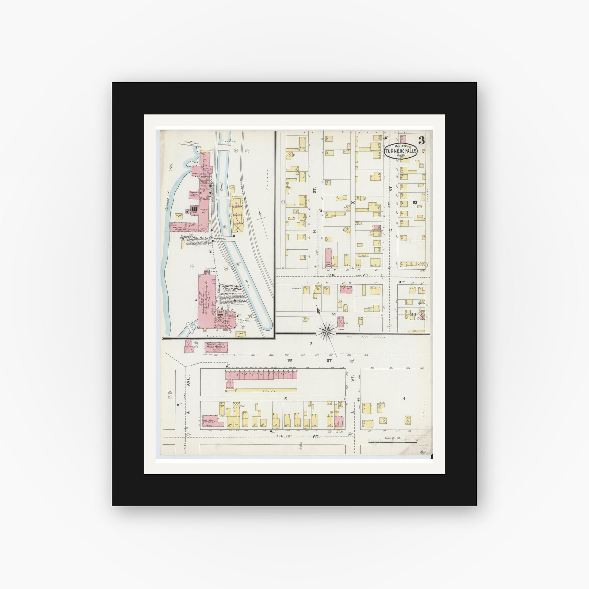 Old map wall art mockup — black gallery frame with white mat — Sanborn Fire Insurance Map from Turners Falls, Franklin County, Massachusetts (1895), Sheet #0003