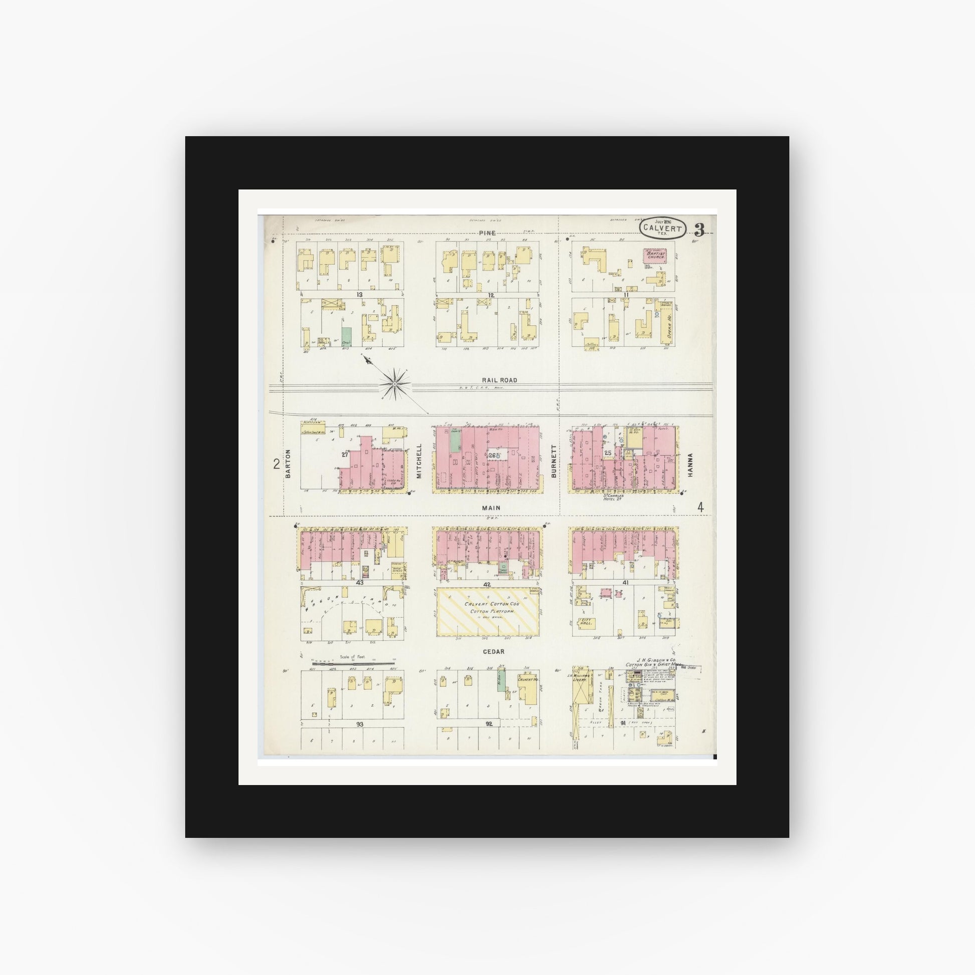 Old map wall art mockup — black gallery frame with white mat — Sanborn Fire Insurance Map from Calvert, Robertson County, Texas (1896), Sheet #0003