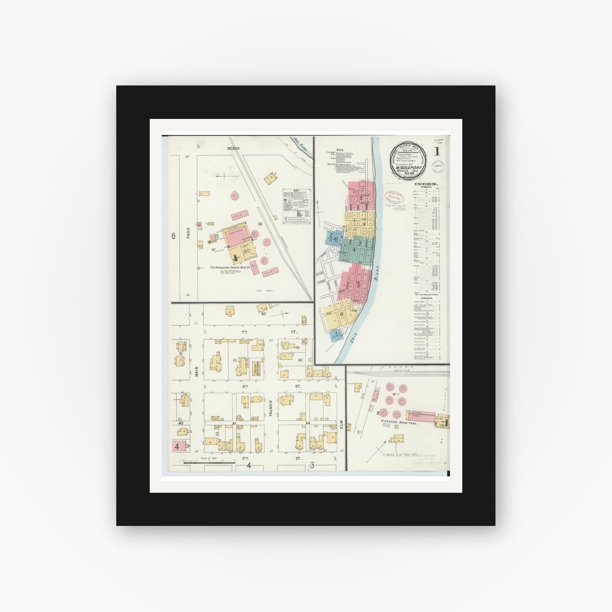 Old map wall art mockup — black gallery frame with white mat — Sanborn Fire Insurance Map from Middleport, Meigs County, Ohio (1899), Sheet #0001