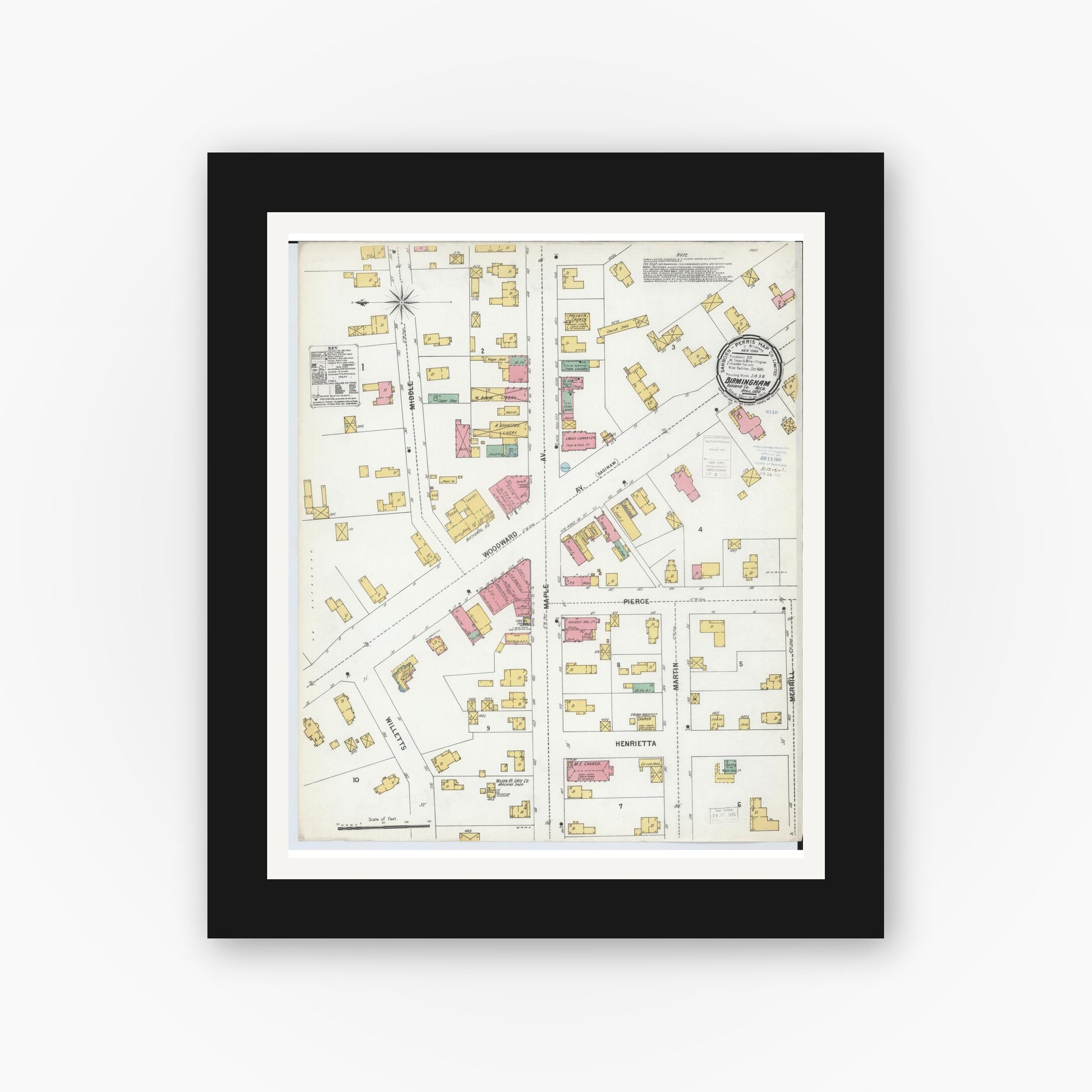 Old map wall art mockup — black gallery frame with white mat — Sanborn Fire Insurance Map from Birmingham, Oakland County, Michigan (1900), Sheet #0001
