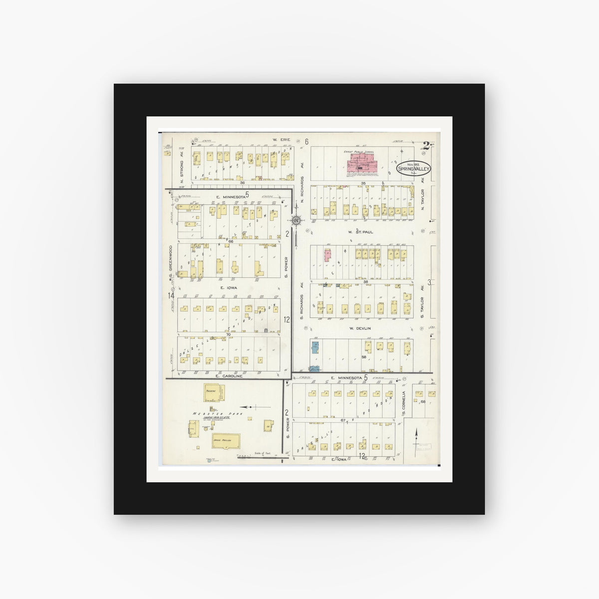 Old map wall art mockup — black gallery frame with white mat — Sanborn Fire Insurance Map from Spring Valley, Bureau County, Illinois (1913), Sheet #0002