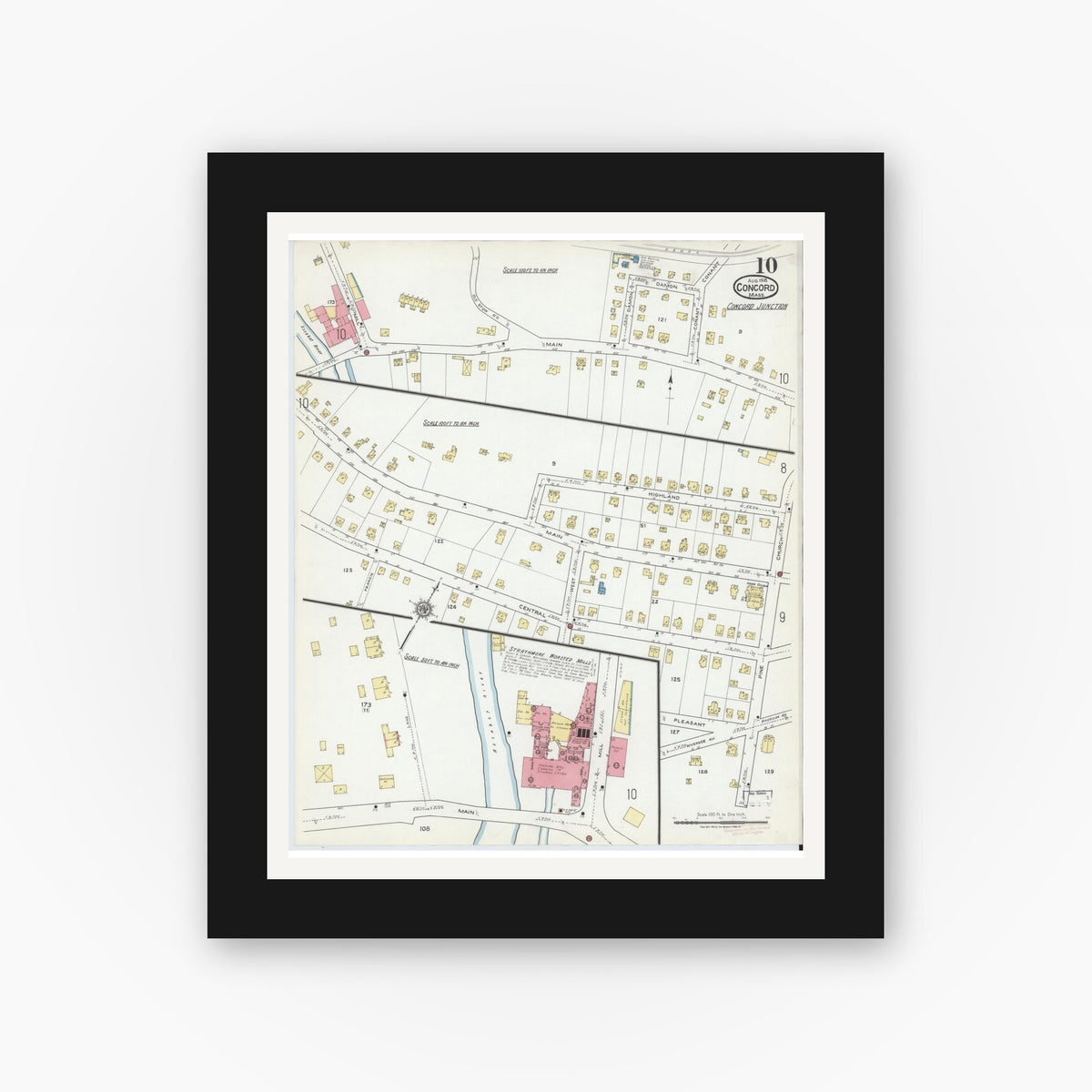 Old map wall art mockup — black gallery frame with white mat — Sanborn Fire Insurance Map from Concord, Middlesex County, Massachusetts (1918), Sheet #0010
