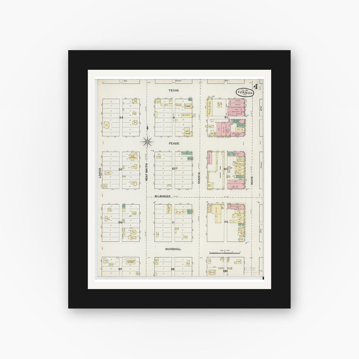 Old map wall art mockup — black gallery frame with white mat — Sanborn Fire Insurance Map from Vernon, Wilbarger County, Texas (1891), Sheet #0004