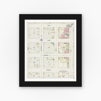 Old map wall art mockup — black gallery frame with white mat — Sanborn Fire Insurance Map from Vernon, Wilbarger County, Texas (1891), Sheet #0004