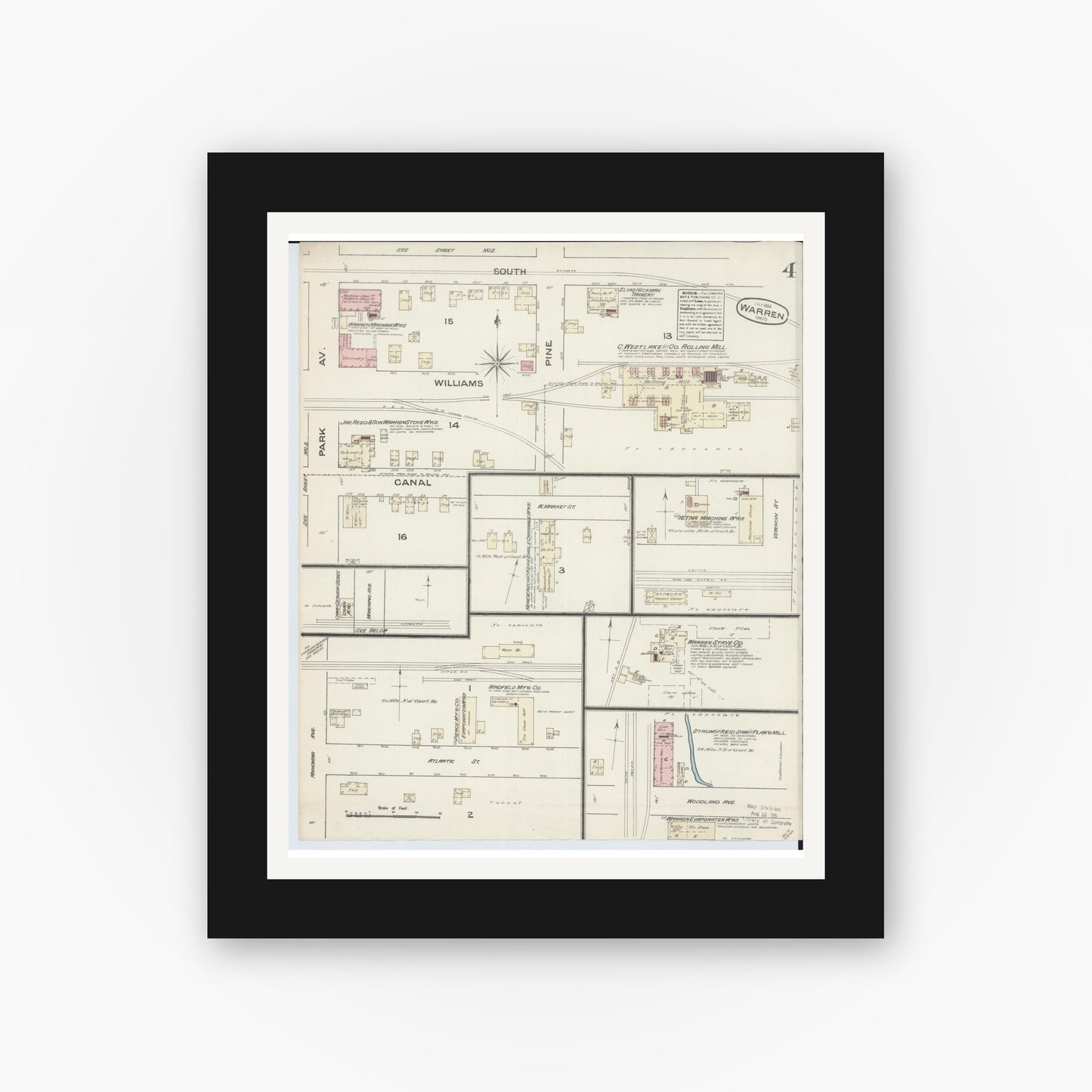 Old map wall art mockup — black gallery frame with white mat — Sanborn Fire Insurance Map from Warren, Trumbull County, Ohio (1884), Sheet #0004