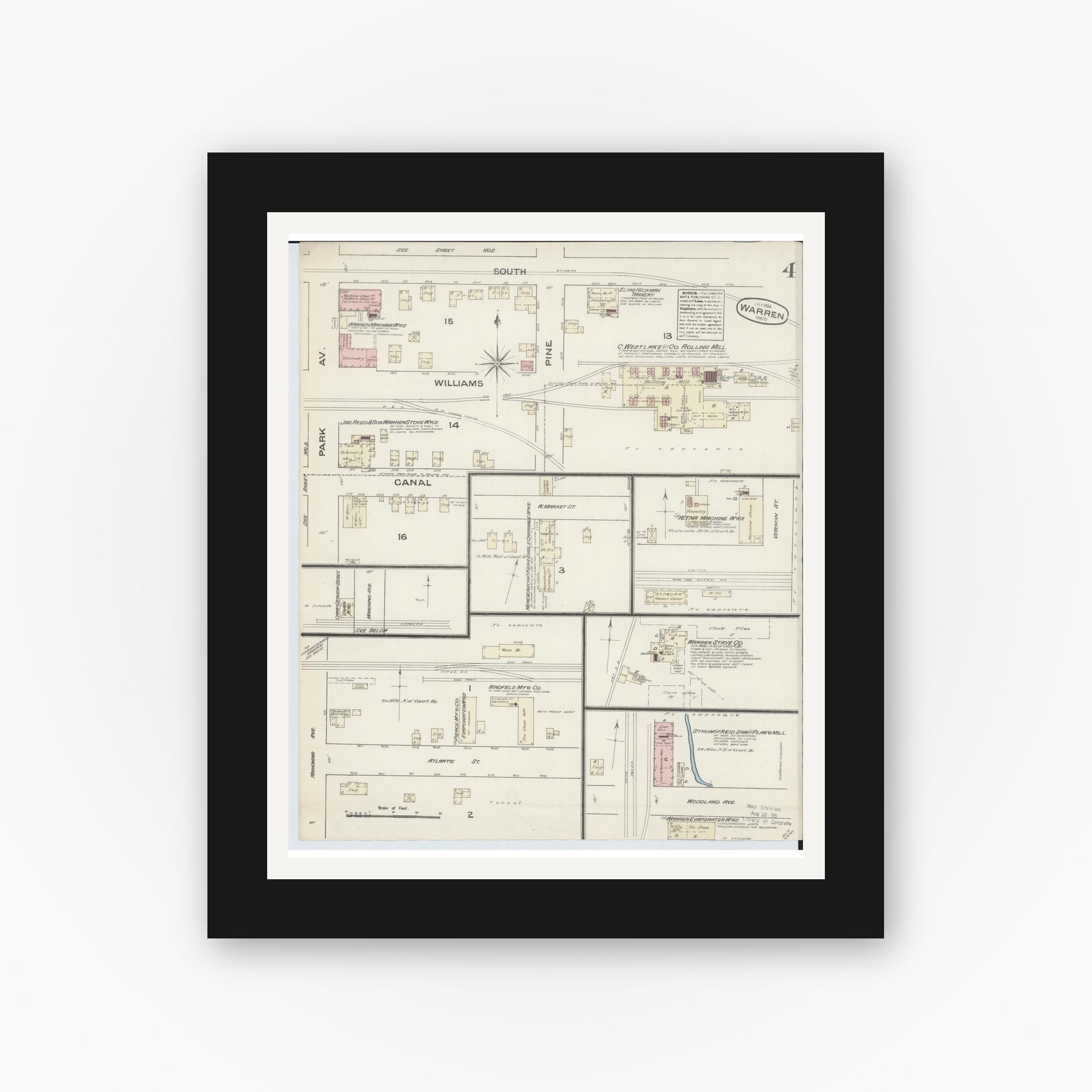 Old map wall art mockup — black gallery frame with white mat — Sanborn Fire Insurance Map from Warren, Trumbull County, Ohio (1884), Sheet #0004