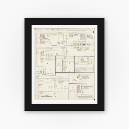 Old map wall art mockup — black gallery frame with white mat — Sanborn Fire Insurance Map from Warren, Trumbull County, Ohio (1884), Sheet #0004