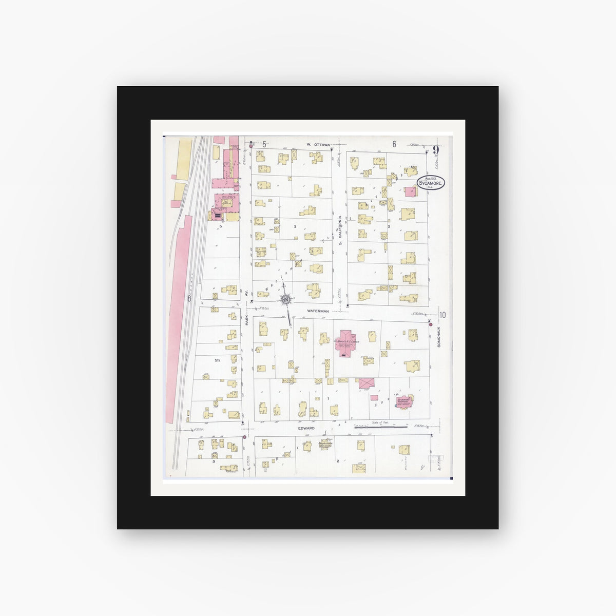 Old map wall art mockup — black gallery frame with white mat — Sanborn Fire Insurance Map from Sycamore, De Kalb County, Illinois (1912), Sheet #0009