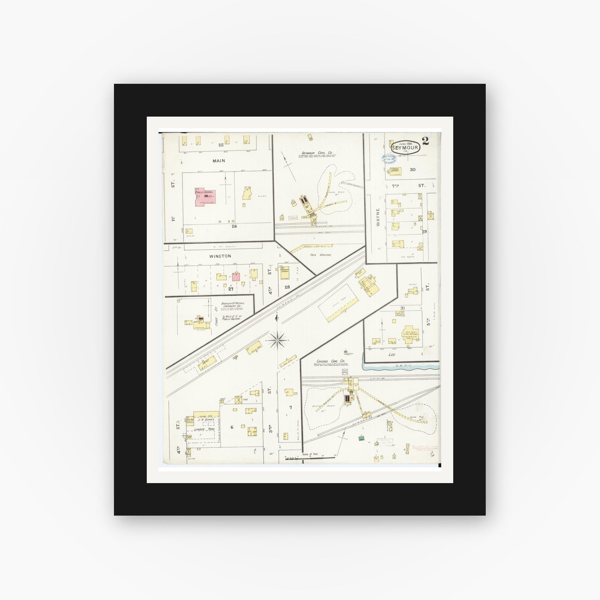 Old map wall art mockup — black gallery frame with white mat — Sanborn Fire Insurance Map from Seymour, Wayne County, Iowa (1894), Sheet #0002