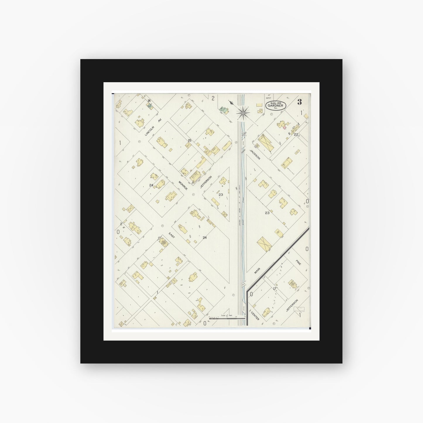 Old map wall art mockup — black gallery frame with white mat — Sanborn Fire Insurance Map from Gardner, Grundy County, Illinois (1898), Sheet #0003