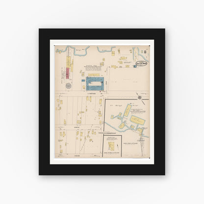 Old map wall art mockup — black gallery frame with white mat — Sanborn Fire Insurance Map from Sault Sainte Marie, Chippewa County, Michigan (1922), Sheet #0008