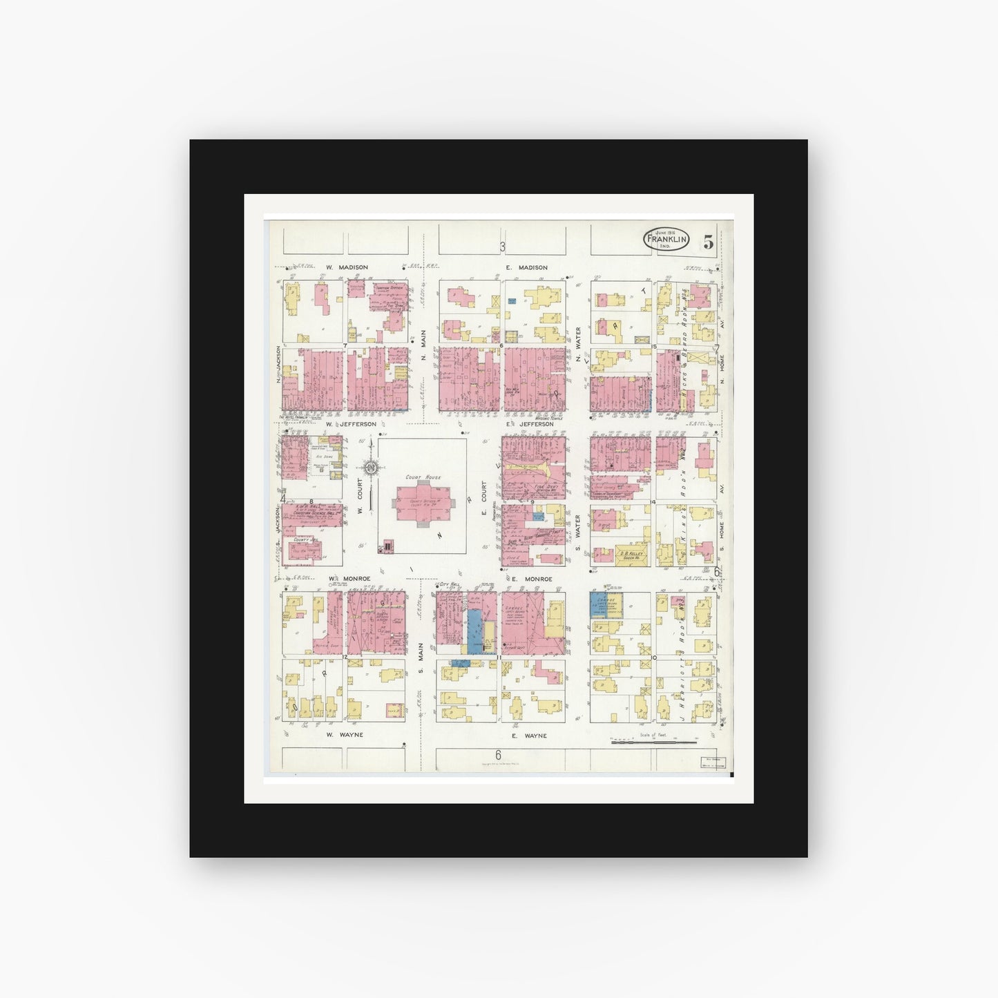 Old map wall art mockup — black gallery frame with white mat — Sanborn Fire Insurance Map from Franklin, Johnson County, Indiana (1916), Sheet #0005