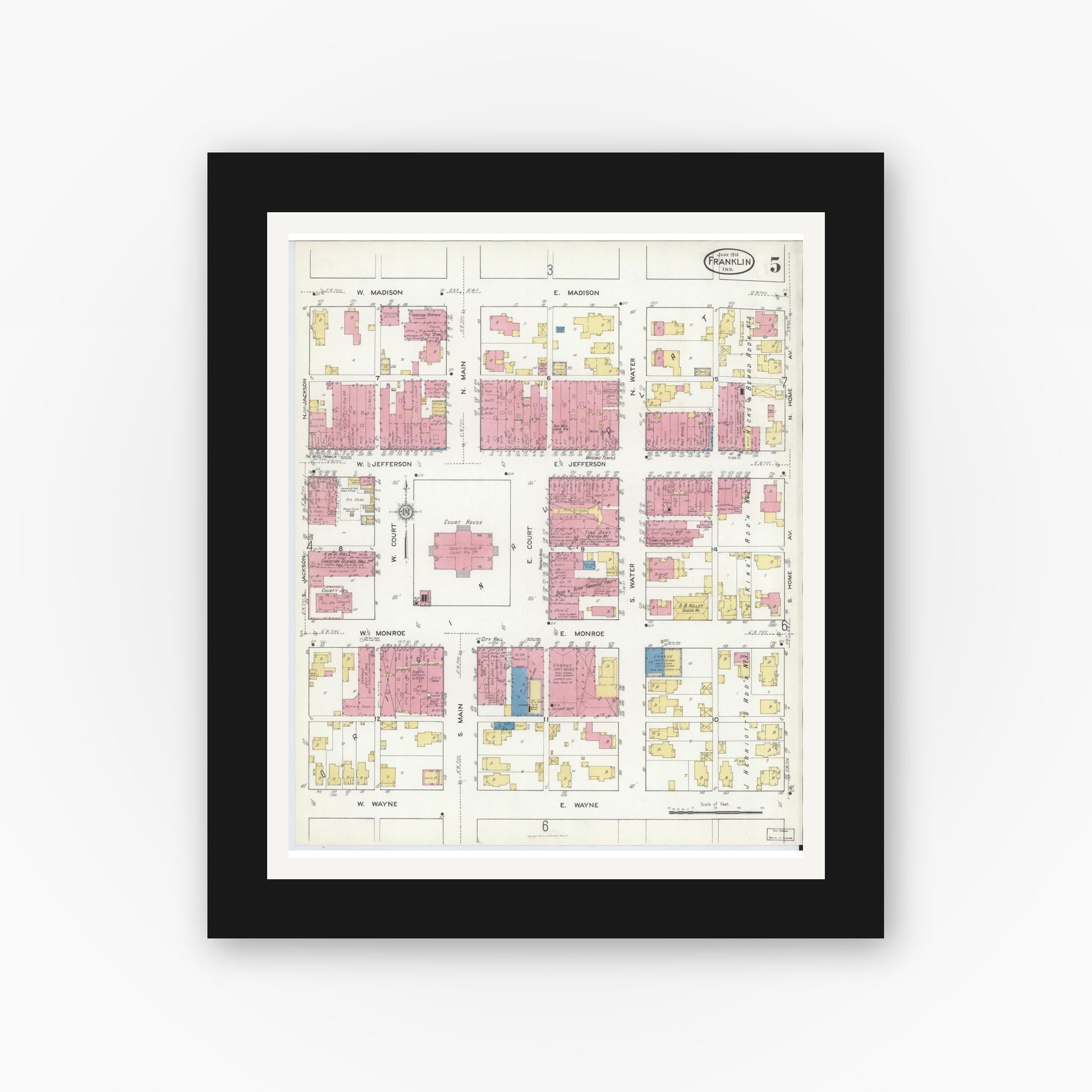 Old map wall art mockup — black gallery frame with white mat — Sanborn Fire Insurance Map from Franklin, Johnson County, Indiana (1916), Sheet #0005