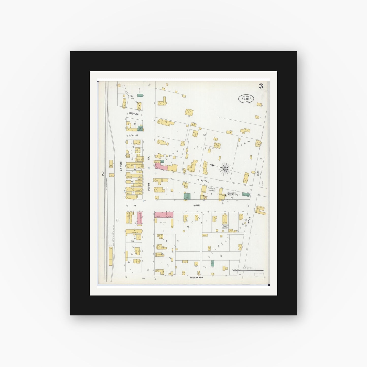 Old map wall art mockup — black gallery frame with white mat — Sanborn Fire Insurance Map from Xenia, Clay County, Illinois (1899), Sheet #0003
