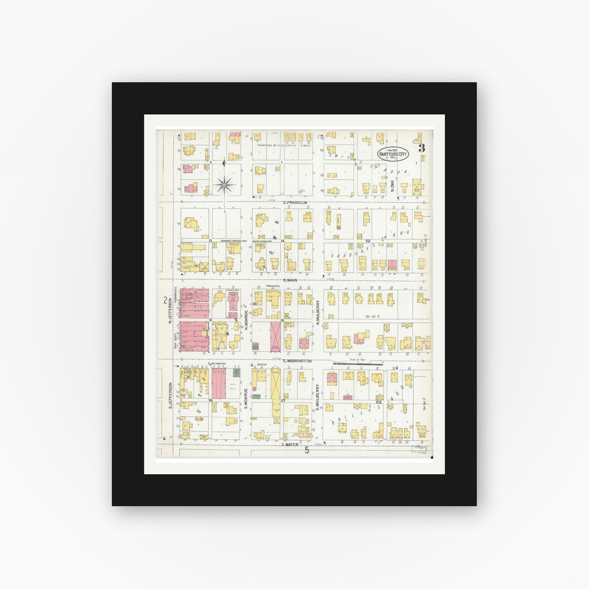 Old map wall art mockup — black gallery frame with white mat — Sanborn Fire Insurance Map from Hartford City, Blackford County, Indiana (1901), Sheet #0003