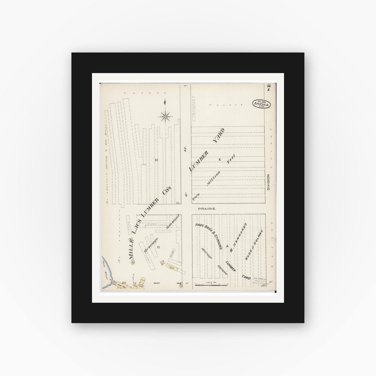 Old map wall art mockup — black gallery frame with white mat — Sanborn Fire Insurance Map from Anoka, Anoka County, Minnesota (1885), Sheet #0007