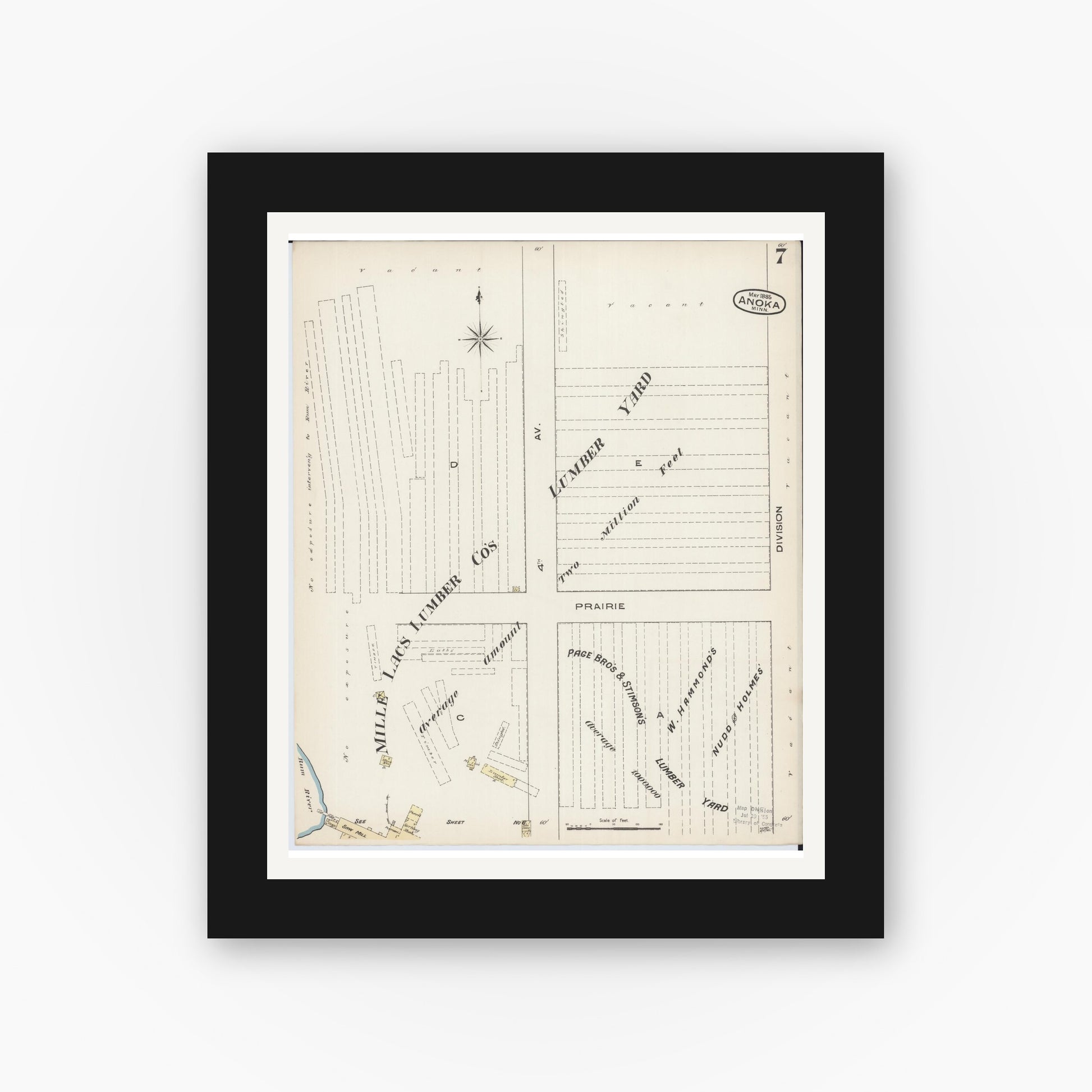 Old map wall art mockup — black gallery frame with white mat — Sanborn Fire Insurance Map from Anoka, Anoka County, Minnesota (1885), Sheet #0007