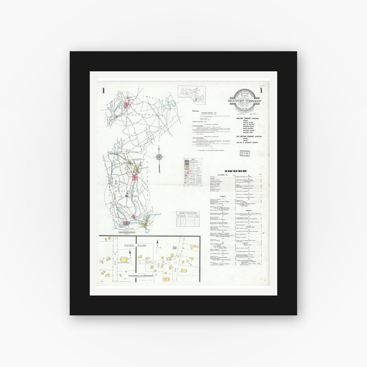 Old map wall art mockup — black gallery frame with white mat — Sanborn Fire Insurance Map from Westport Township, Bristol County, Massachusetts (1933) - Complete Map Set