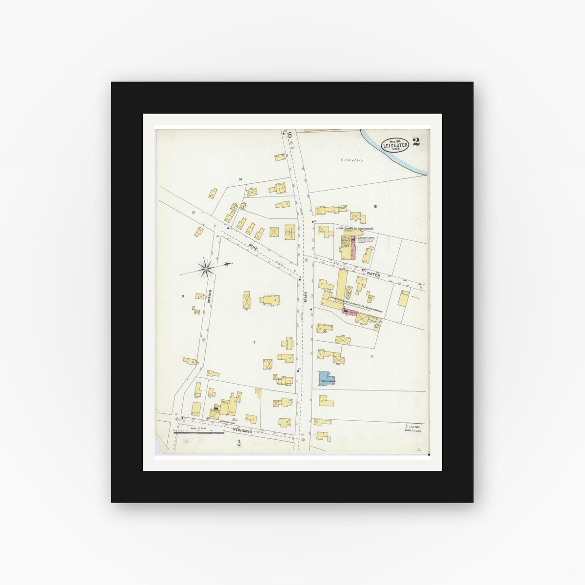 Old map wall art mockup — black gallery frame with white mat — Sanborn Fire Insurance Map from Leicester, Worcester County, Massachusetts (1904), Sheet #0002