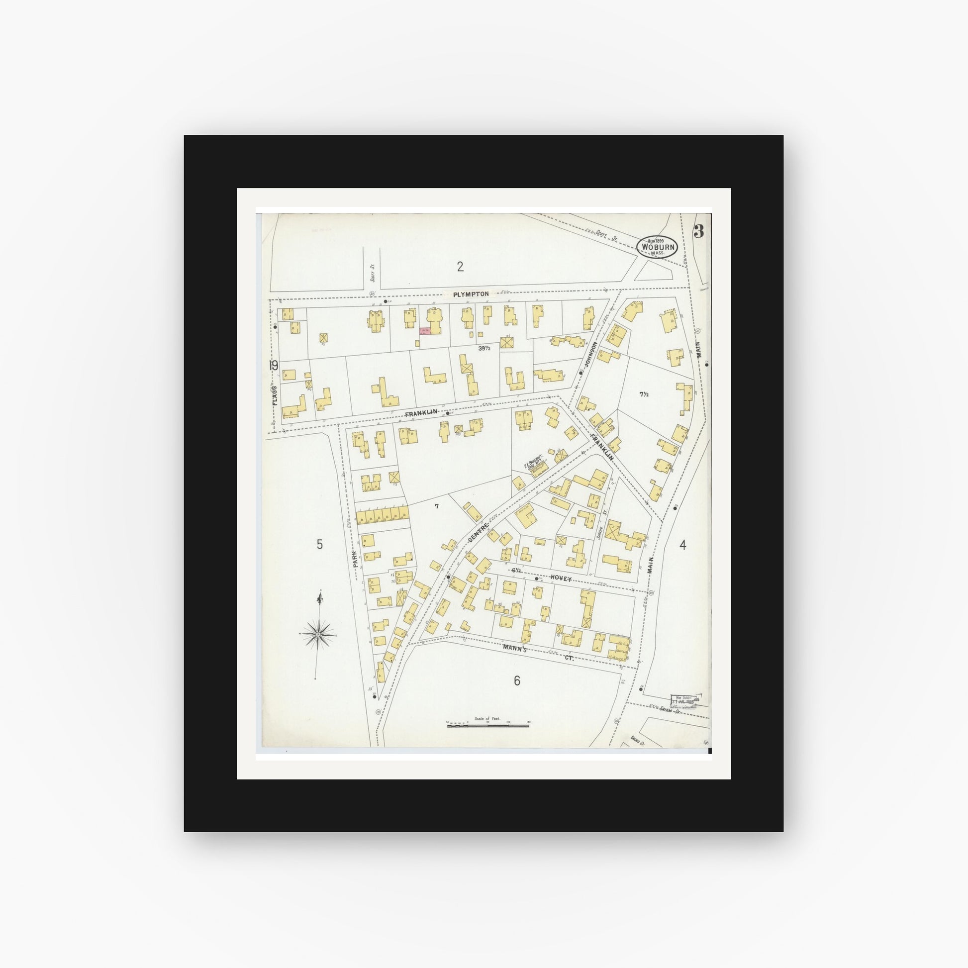 Old map wall art mockup — black gallery frame with white mat — Sanborn Fire Insurance Map from Woburn, Middlesex County, Massachusetts (1899), Sheet #0003