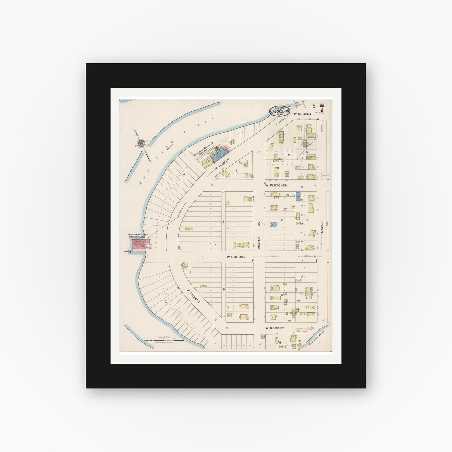 Old map wall art mockup — black gallery frame with white mat — Sanborn Fire Insurance Map from Crookston, Polk County, Minnesota (1922), Sheet #0007