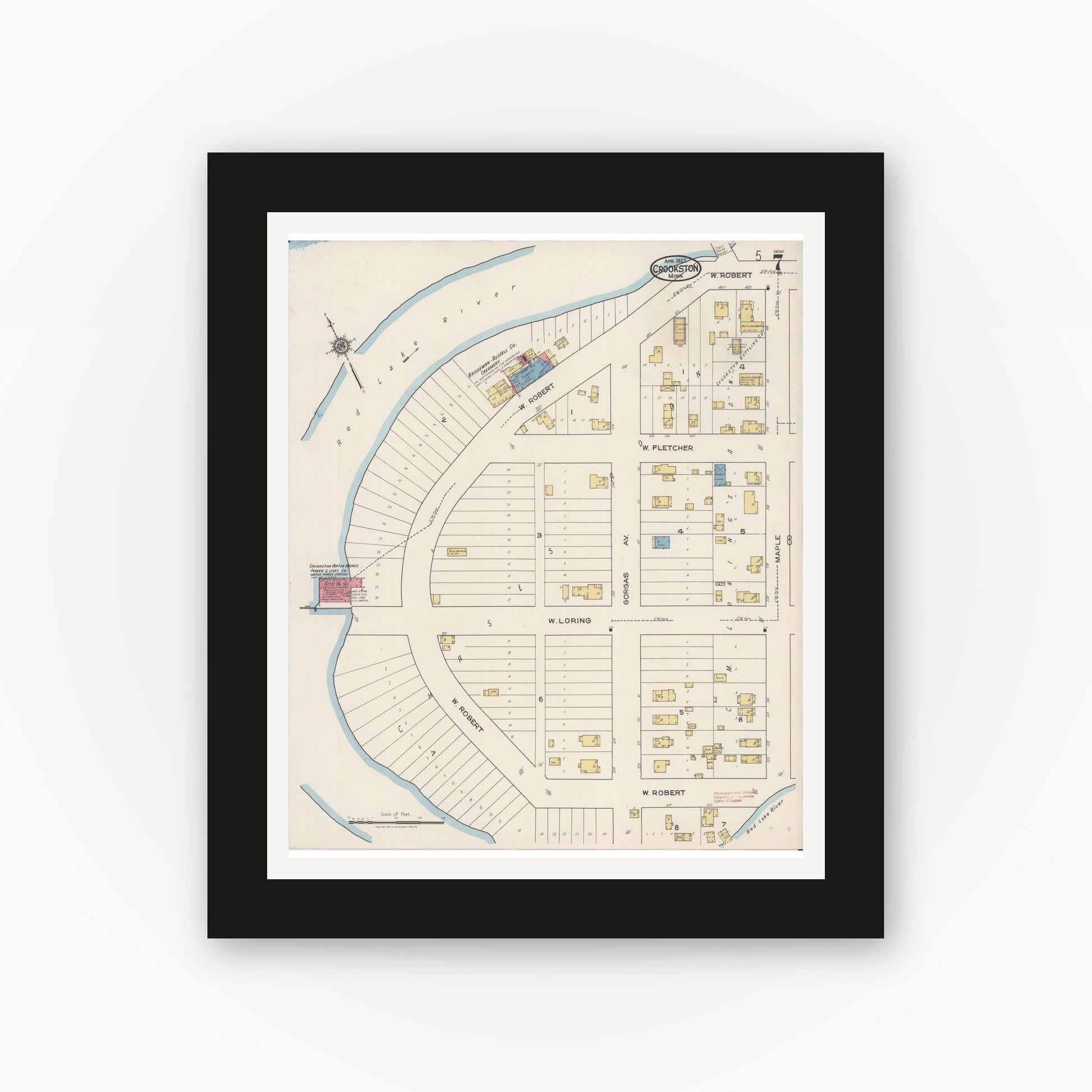 Old map wall art mockup — black gallery frame with white mat — Sanborn Fire Insurance Map from Crookston, Polk County, Minnesota (1922), Sheet #0007