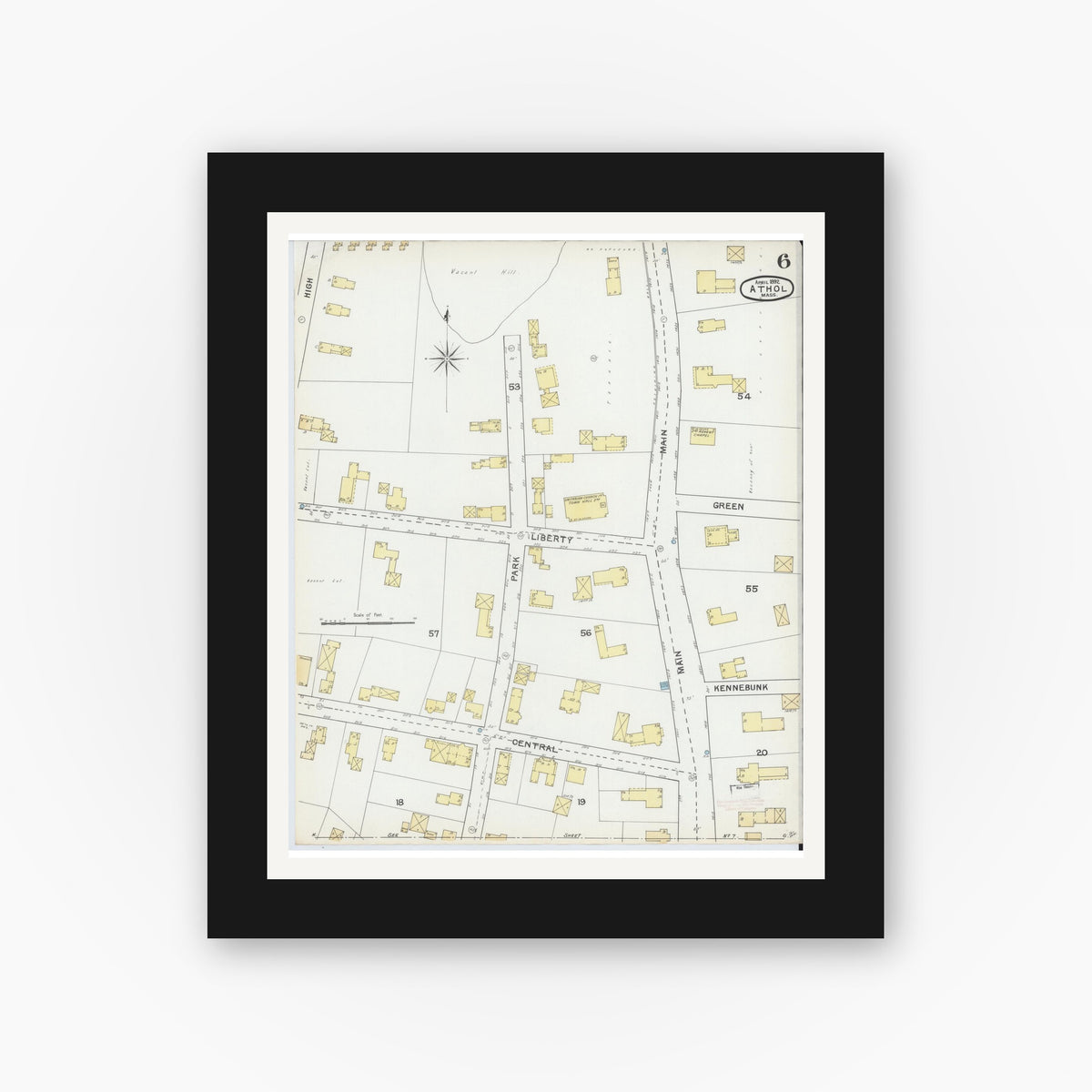 Old map wall art mockup — black gallery frame with white mat — Sanborn Fire Insurance Map from Athol, Worcester County, Massachusetts (1892), Sheet #0006