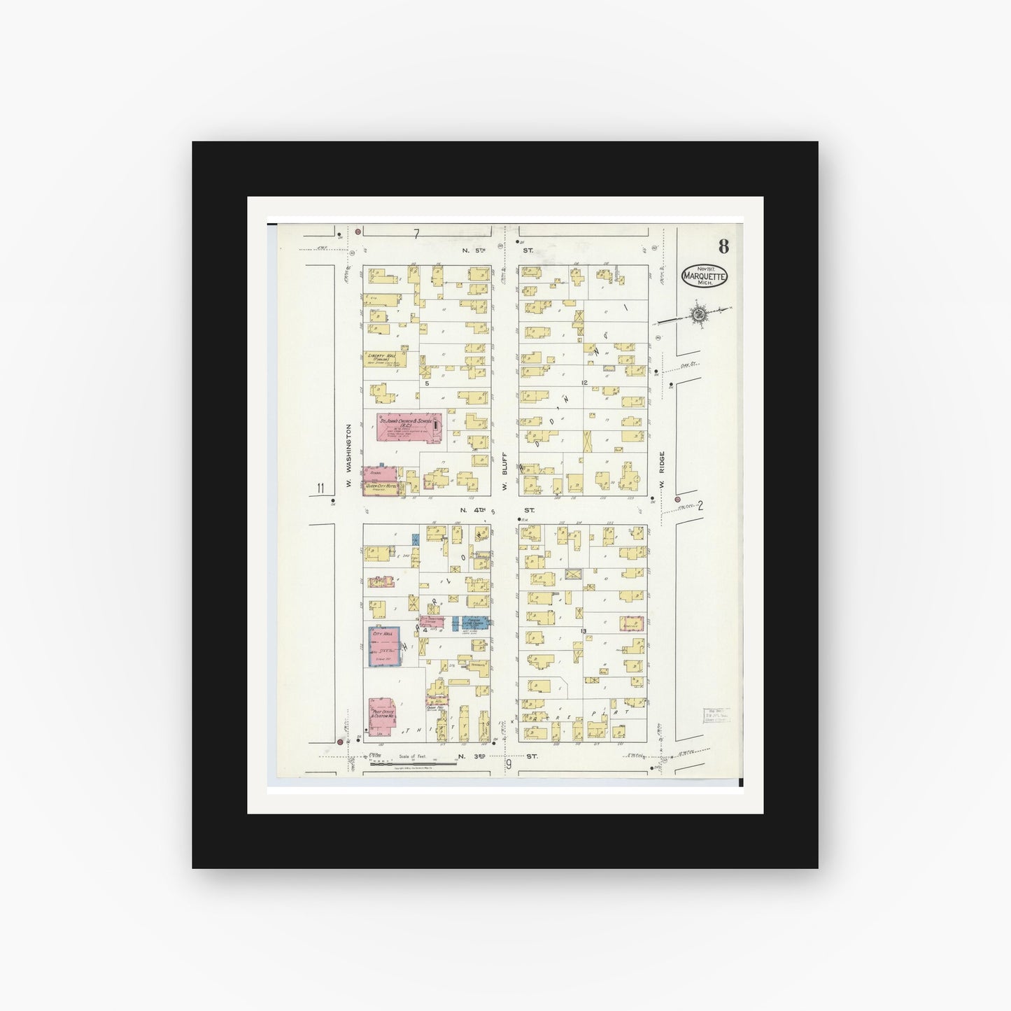 Old map wall art mockup — black gallery frame with white mat — Sanborn Fire Insurance Map from Marquette, Marquette County, Michigan (1917), Sheet #0008