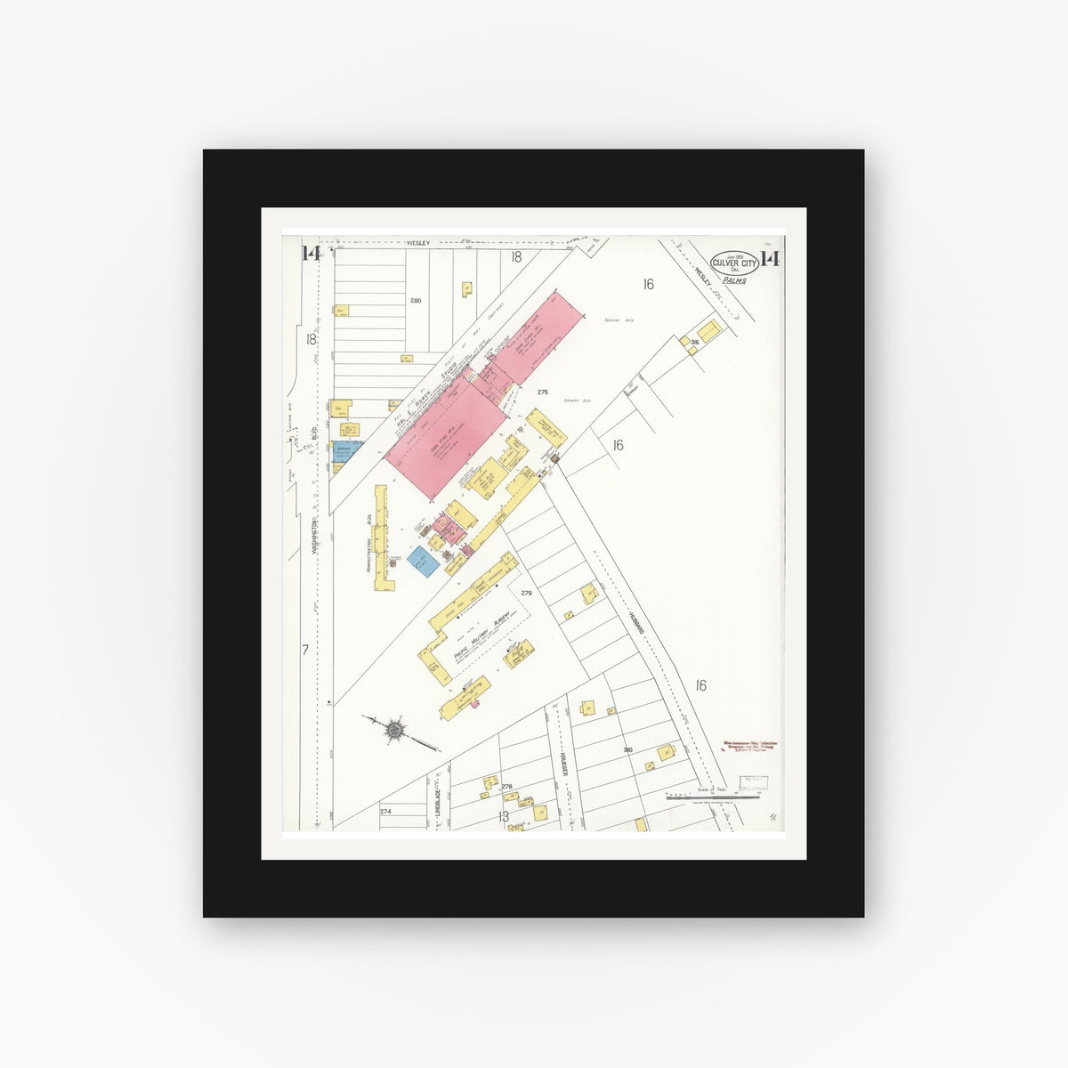 Old map wall art mockup — black gallery frame with white mat — Sanborn Fire Insurance Map from Culver City, Los Angeles County, California (1924), Sheet #0014