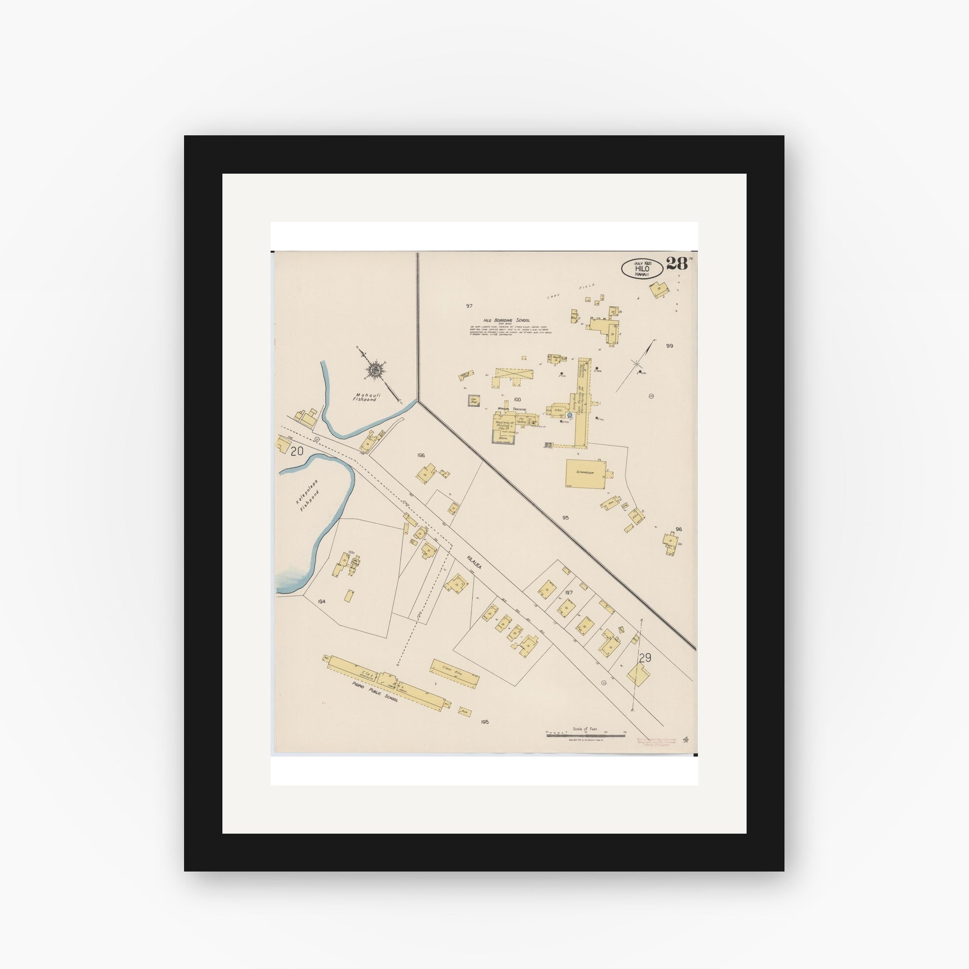 Old map wall art mockup — black gallery frame with white mat — Sanborn Fire Insurance Map from Hilo, Hawaii County, Hawaii (1921), Sheet #0028