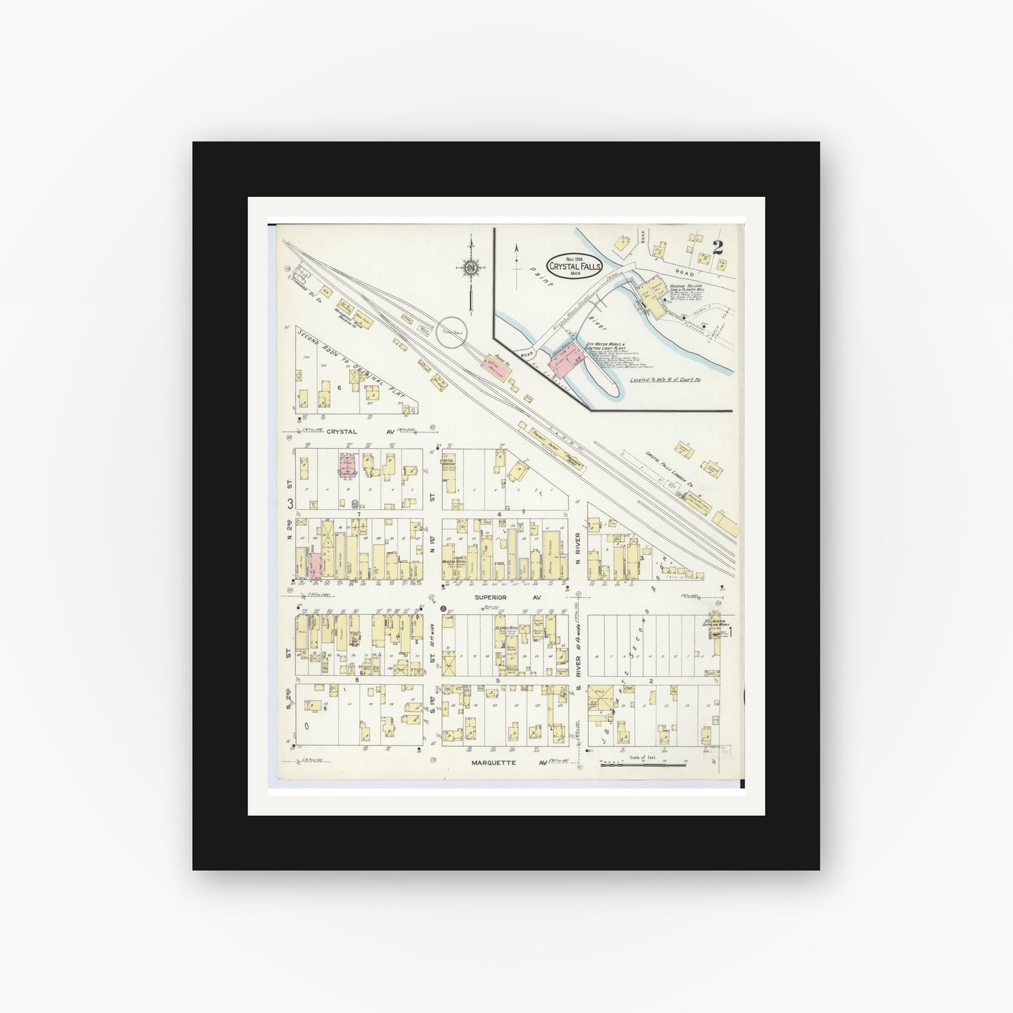 Old map wall art mockup — black gallery frame with white mat — Sanborn Fire Insurance Map from Crystal Falls, Iron County, Michigan (1914), Sheet #0002