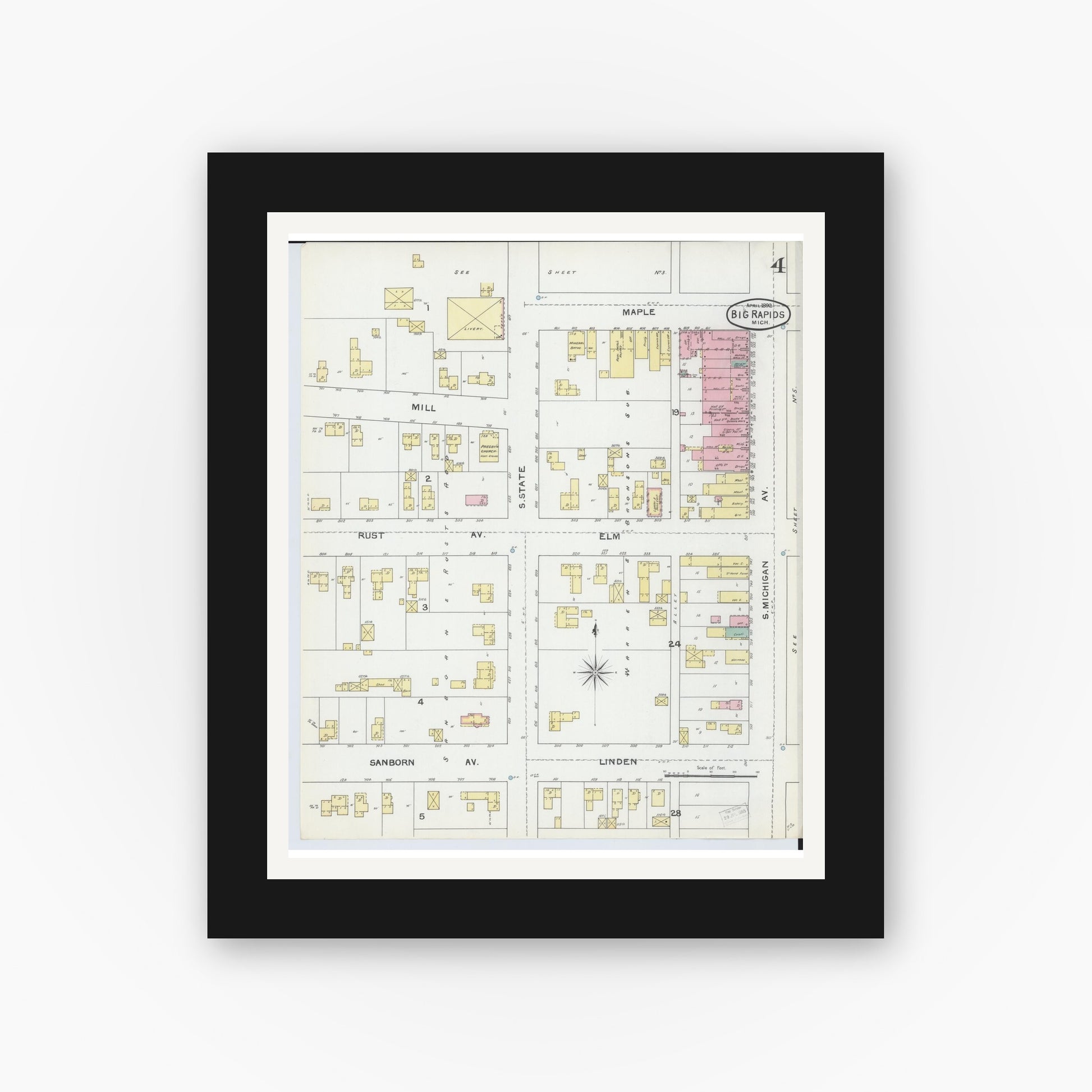 Old map wall art mockup — black gallery frame with white mat — Sanborn Fire Insurance Map from Big Rapids, Mecosta County, Michigan (1892), Sheet #0004