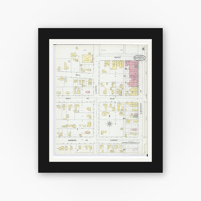 Old map wall art mockup — black gallery frame with white mat — Sanborn Fire Insurance Map from Big Rapids, Mecosta County, Michigan (1892), Sheet #0004